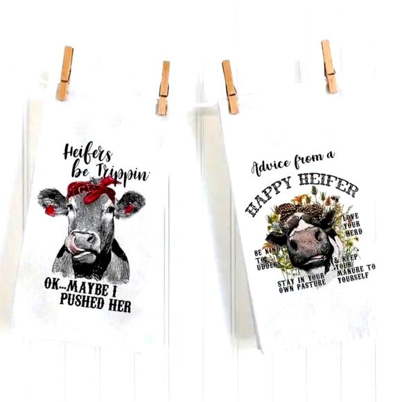 Hand Towels, 2pc, Funny Cows Kitchen Dish Towel set.  18" x 26" - Picture 1 of 6